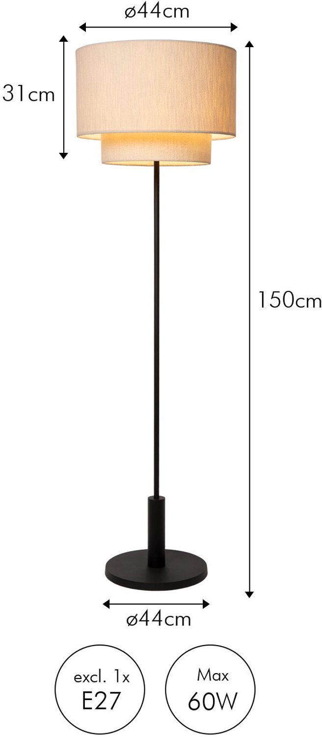 Atmooz - Vloerlamp Polar - Zwart - Gebroken Witte Katoenen Lampenkap - 150 cm Hoog - E27 Fitting - Stijlvol - Tijdloos