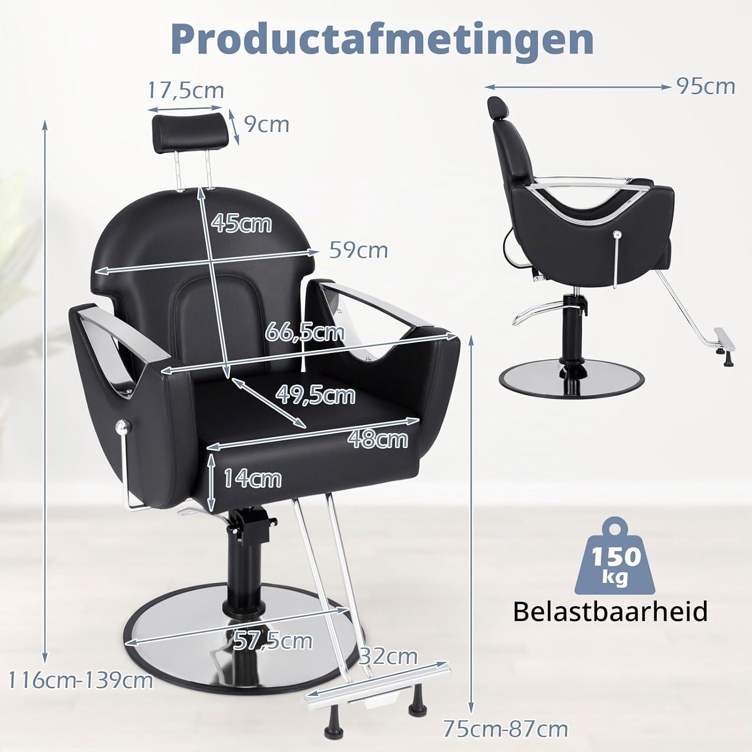 Professionele Hydraulische Barberstoel – 360° Draaibaar, Verstelbare Neksteun, Kantelbare Rugleuning, 150 kg