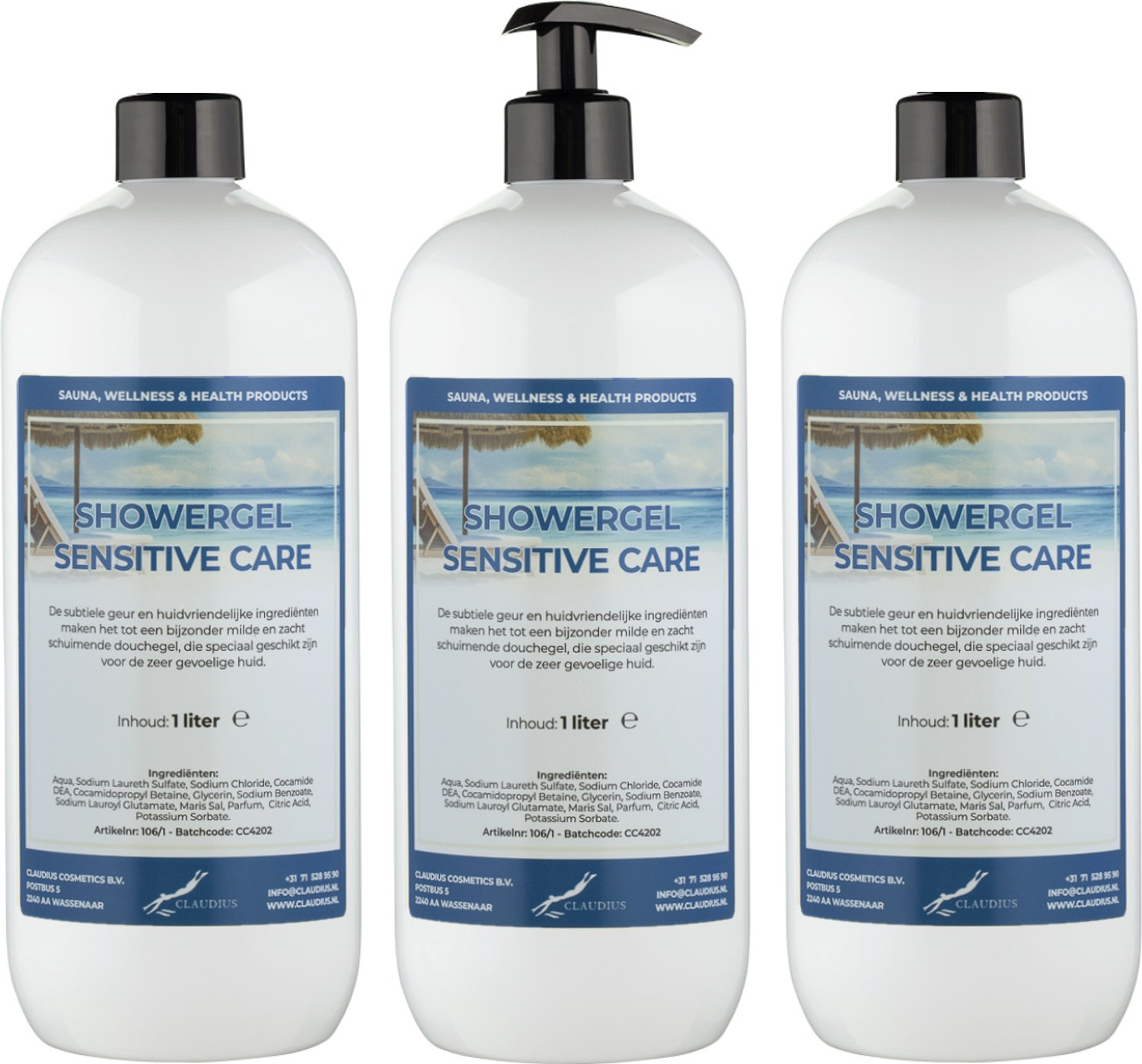 Claudius Douchegel Sensitive Care 1 liter - set van 3 stuks - met gratis zwarte pomp - navulling - voordeelverpakking