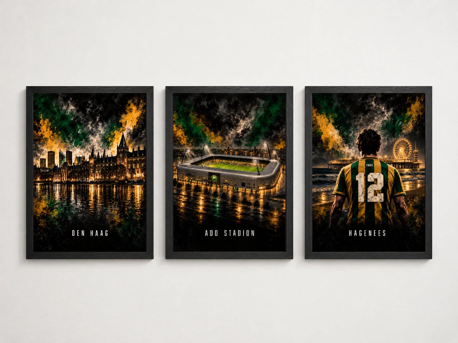 ADO Den Haag Drieluik Poster Set | Stadion, Den Haag & Hagenees | Inclusief 3 Zwarte A4 Lijsten