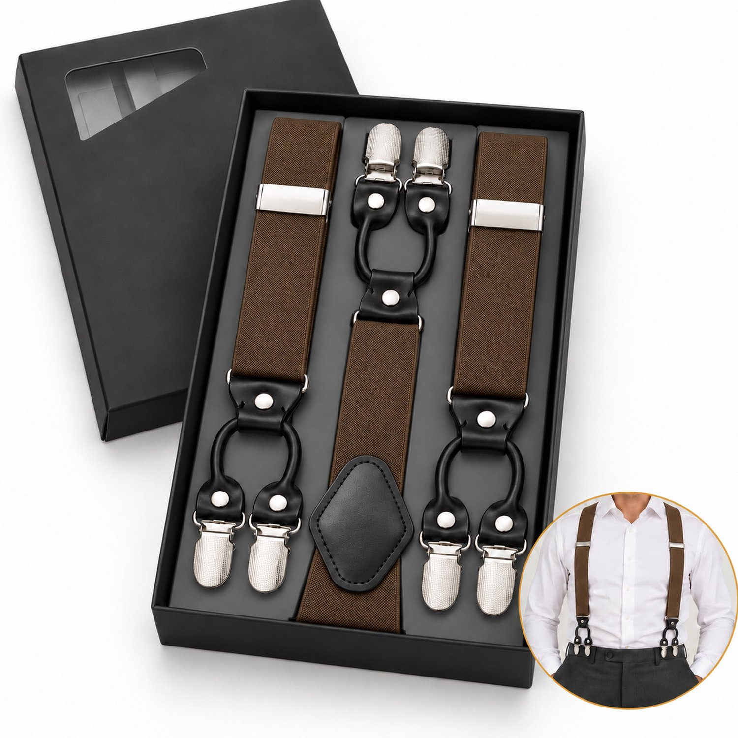 DIVERZA Bretels Heren Bruin – Y-Model met 6 Clips – Verstelbaar en Elastisch – Lederen Middenstuk – 120 cm × 3,5 cm – Inclusief Cadeaudoos