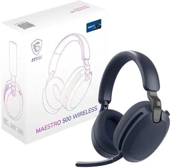 Marineblauwe MSI Maestro 500 draadloze headset naast de productverpakking.