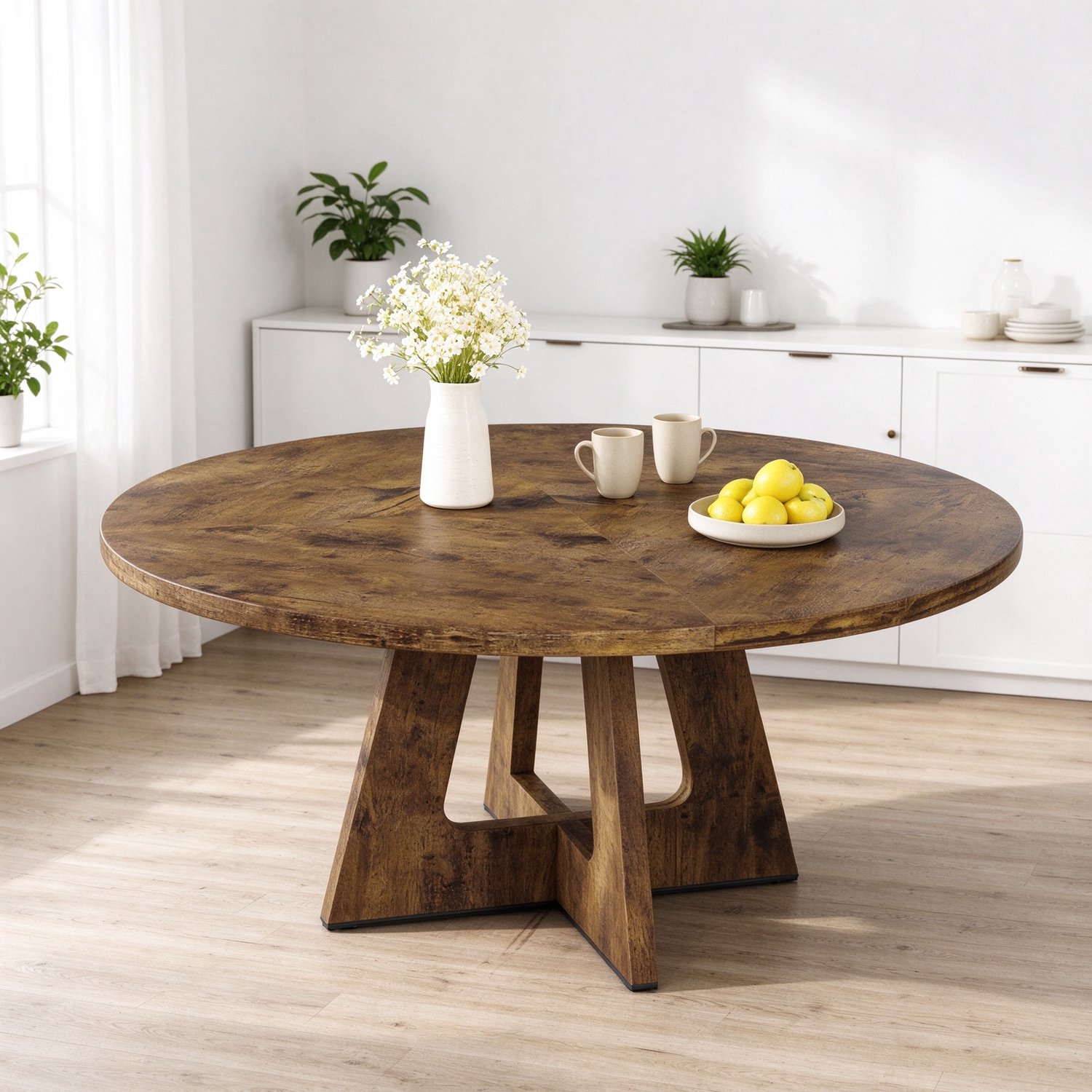 Triumpunpre Ronde Eettafel - Keukentafel - 120 cm - Industrieel Rustiek Design - Houten tafel met kruisvormige voet - voor 4‑6 Personen - voor Keuken, Eetkamer & Woonkamer - Rustiek Bruin