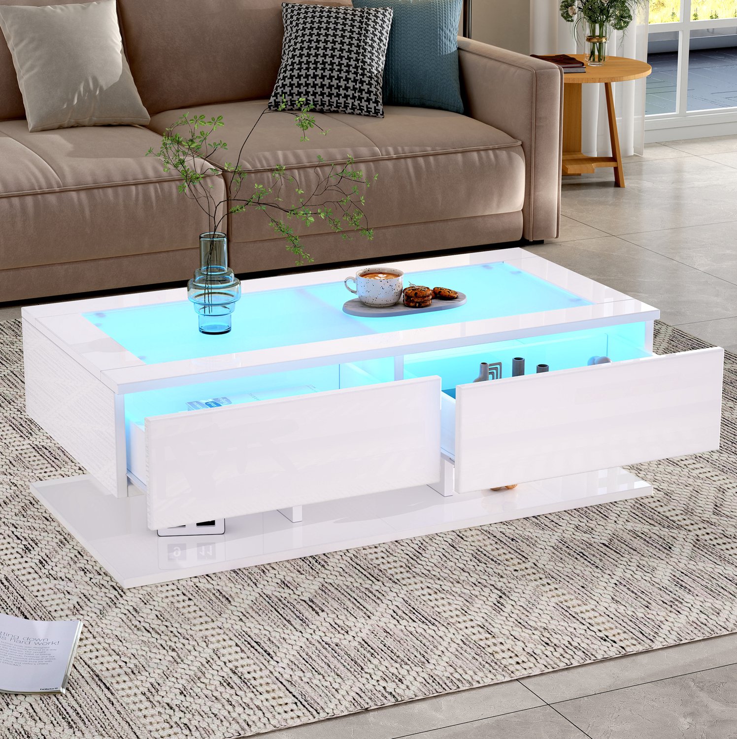 Maisentiel Salontafel 100 x 50 x 35 cm met 2 lades, LED-verlichting en glazen blad - wit