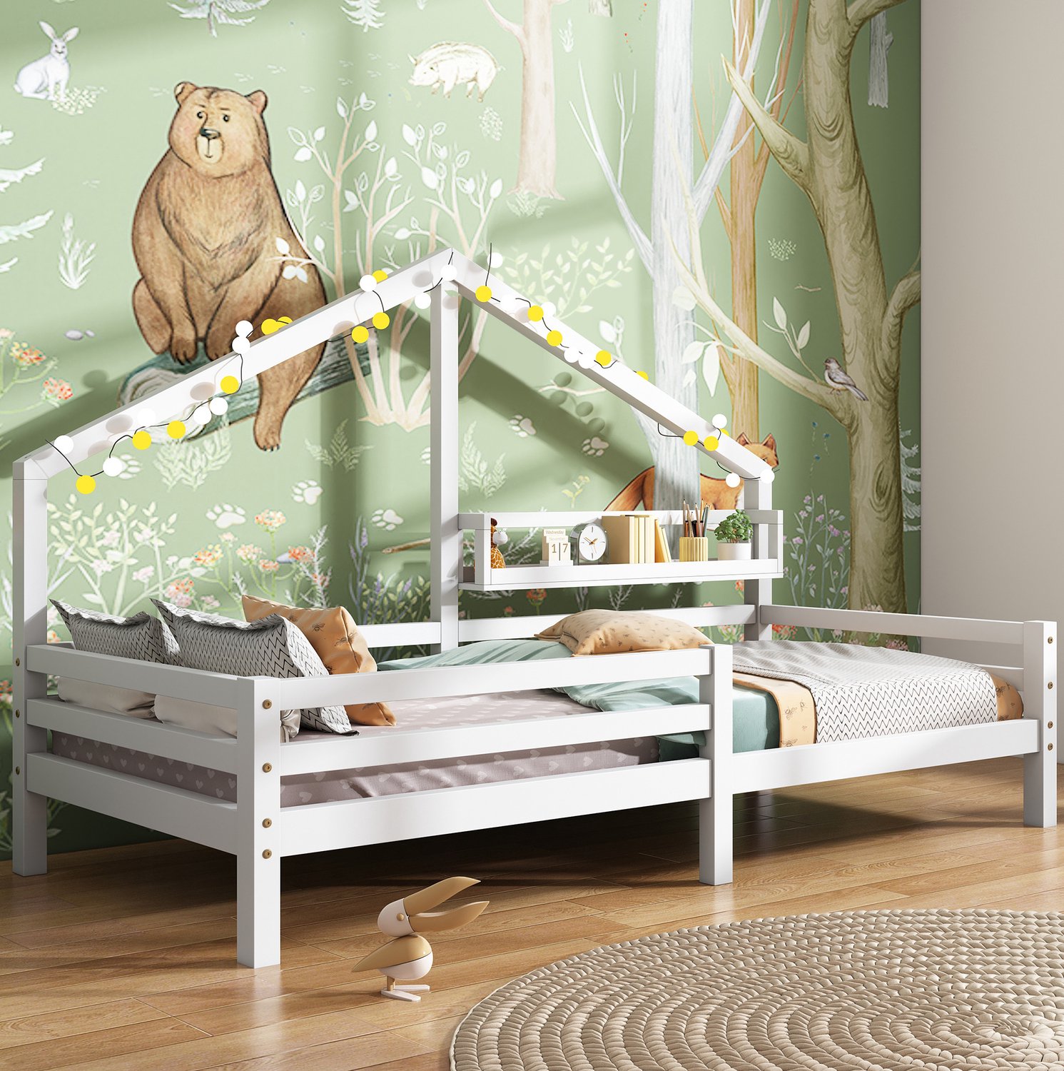 Kinderhuisbed 90 x 200 cm met boekenrek en uitvalbeveiliging, grenenhout, wit