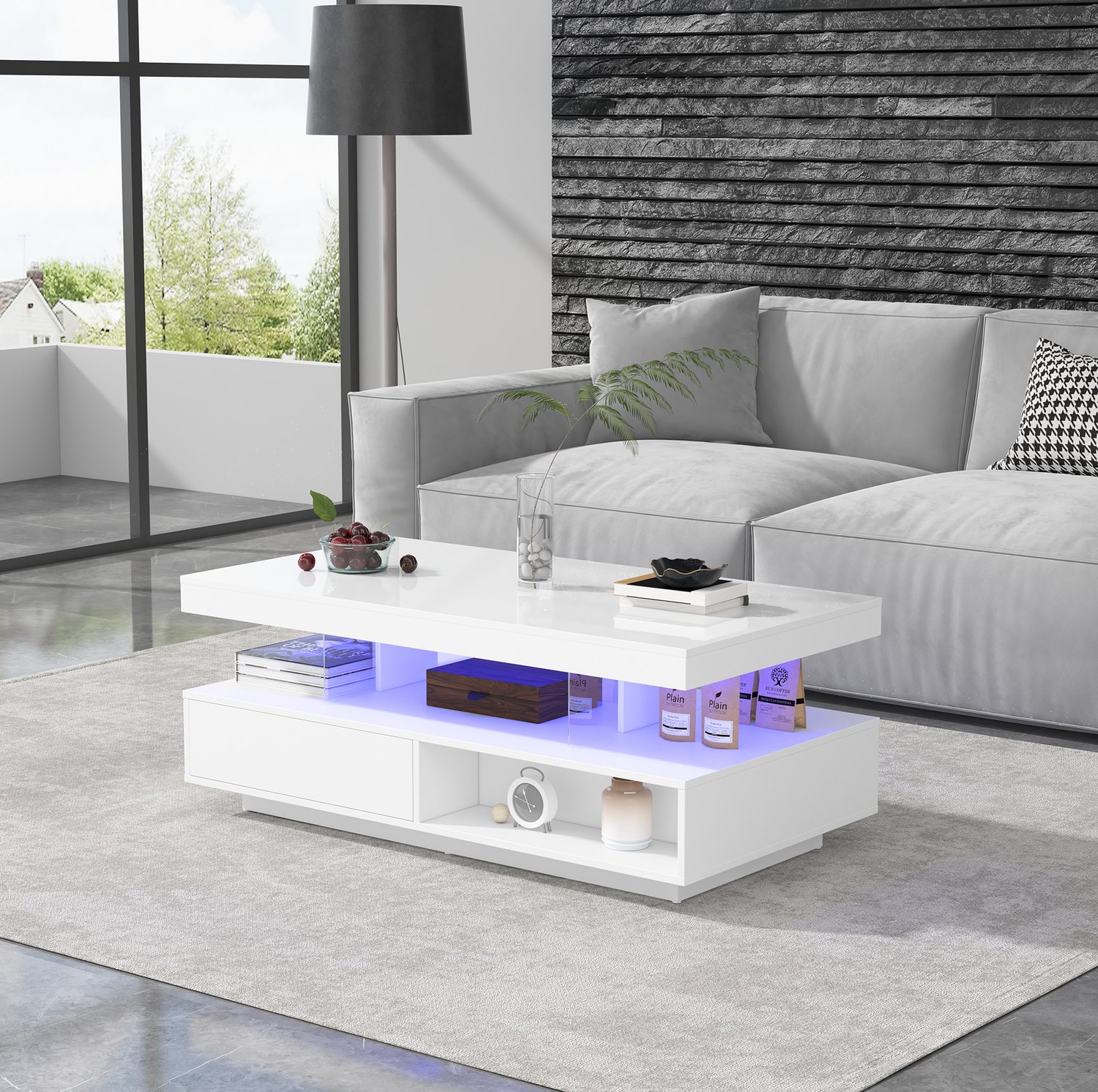 Maisentiel Salontafel 95 x 50 x 42,5 cm - 2 lades, 4 glazen inzetstukken, LED, wit