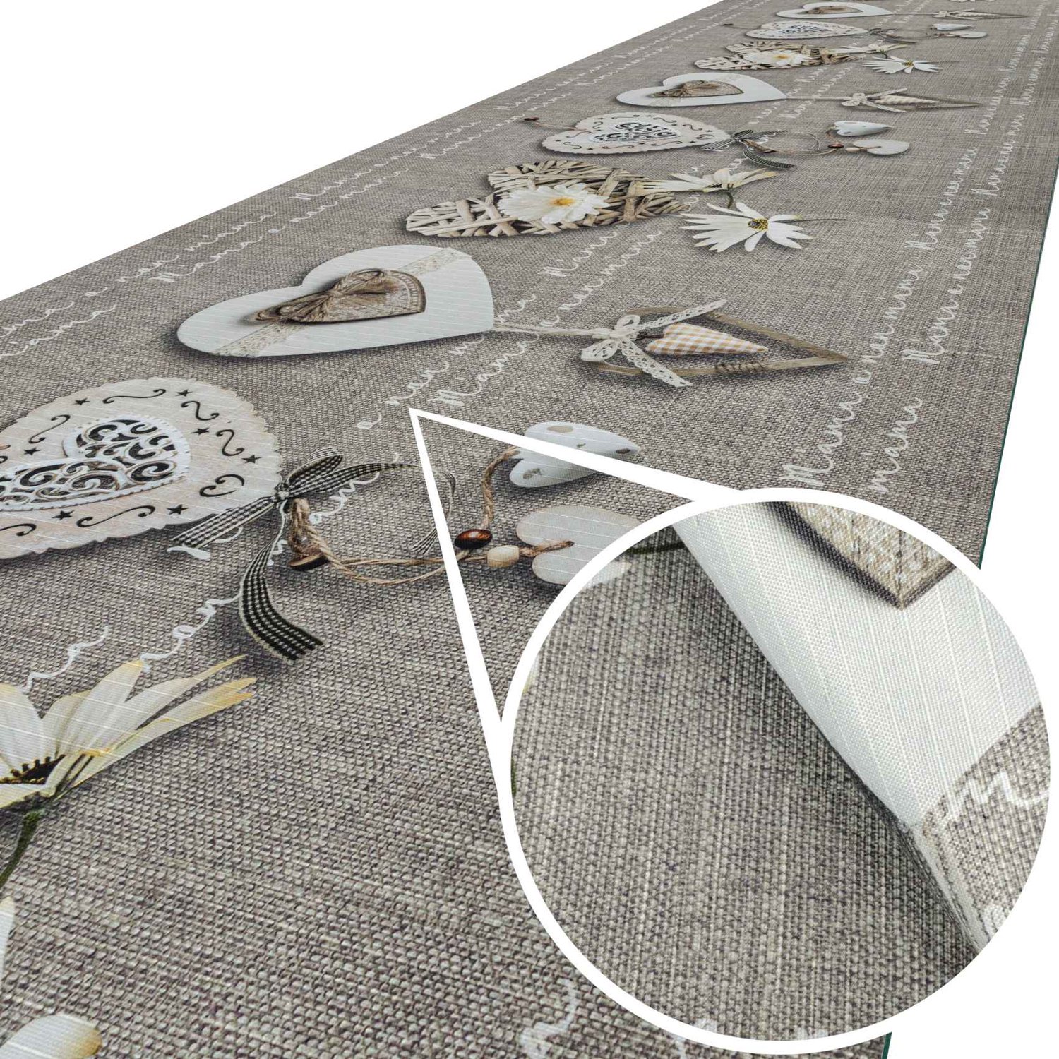 ANRO Keukenloper Mama Hartjes Grijs 260x52cm – Antislip Gangloper Tapijtloper 3 mm Laagpolig