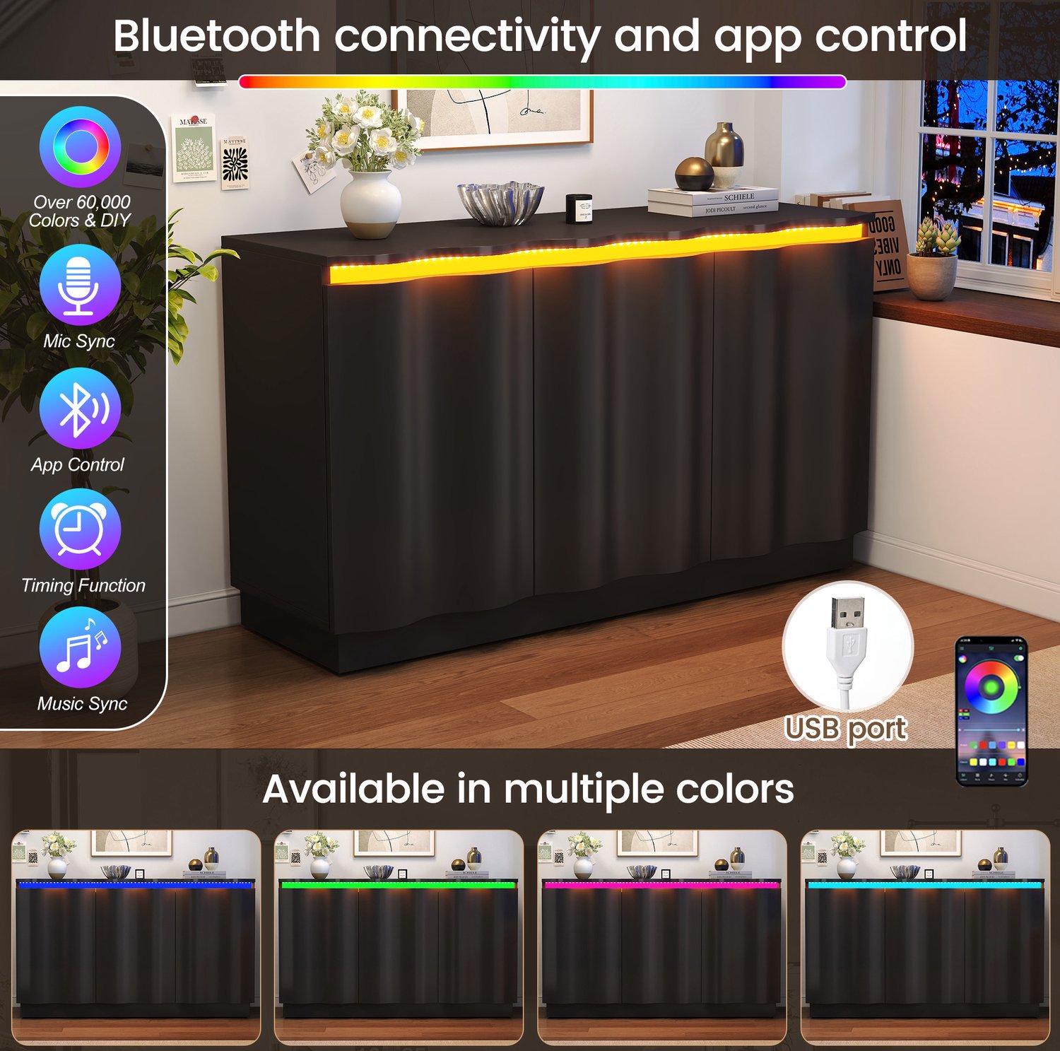 COVREO Buffetkast met Bluetooth LED – 120x35x69,5 cm – Sideboard met 3 deuren – Opbergkast voor woonkamer – Zwart