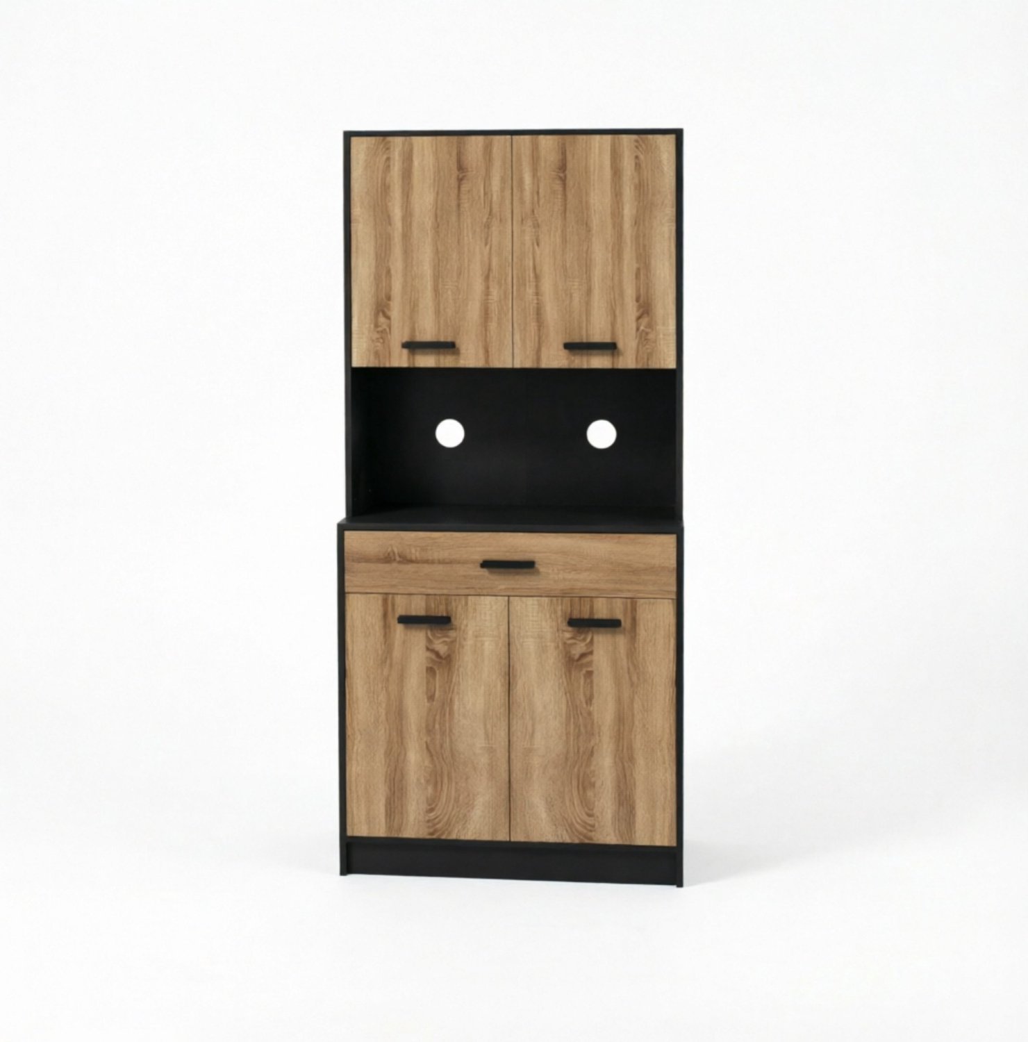 MIVRAY Keukenkast - Opbergkast Met Vier Deuren En Lade - Met Kabeldoorvoer Voor Keuken - Spaanplaat - 80 X 40 X 180 Cm - Zwart Naturel