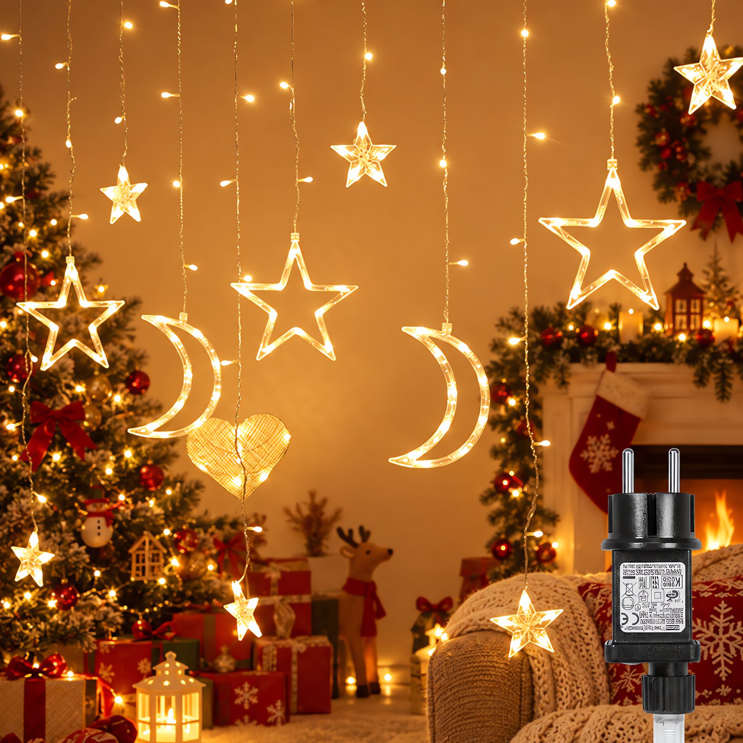 Lapamax Sterren Lichtgordijn met Maan - LED Kerstverlichting 3,5 m met 123 LEDs en 12 Hangende Ornamenten - 8 Lichtstanden, Timer en Geheugen - IP44 voor Binnen en Buiten - Warm Wit