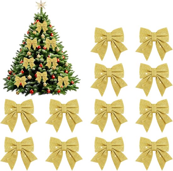 12 stuks Kerststrikken - Kerstboomstrik - Grote strik - Kerstboom versieringen - Kerstversiering - Kerst decoraties - Christmas - Kerstdecoratie voor binnen - Geschikt voor kerstfeestjes - 12*15cm - Goud