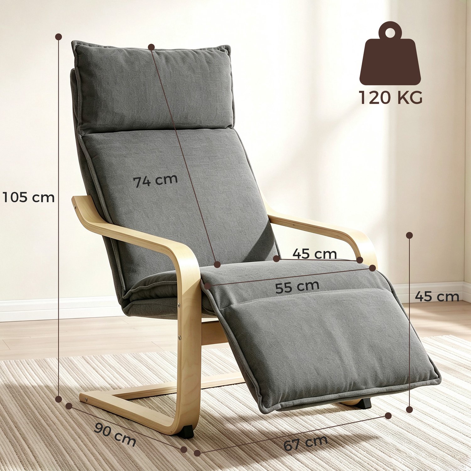 MUVANO Zitstoel - Butaca met Reposapiés - Sillón met Bewegende Functie - Sillón van Hout - 55 cm Breed - Voor Woonkamer of Slaapkamer - Grijs