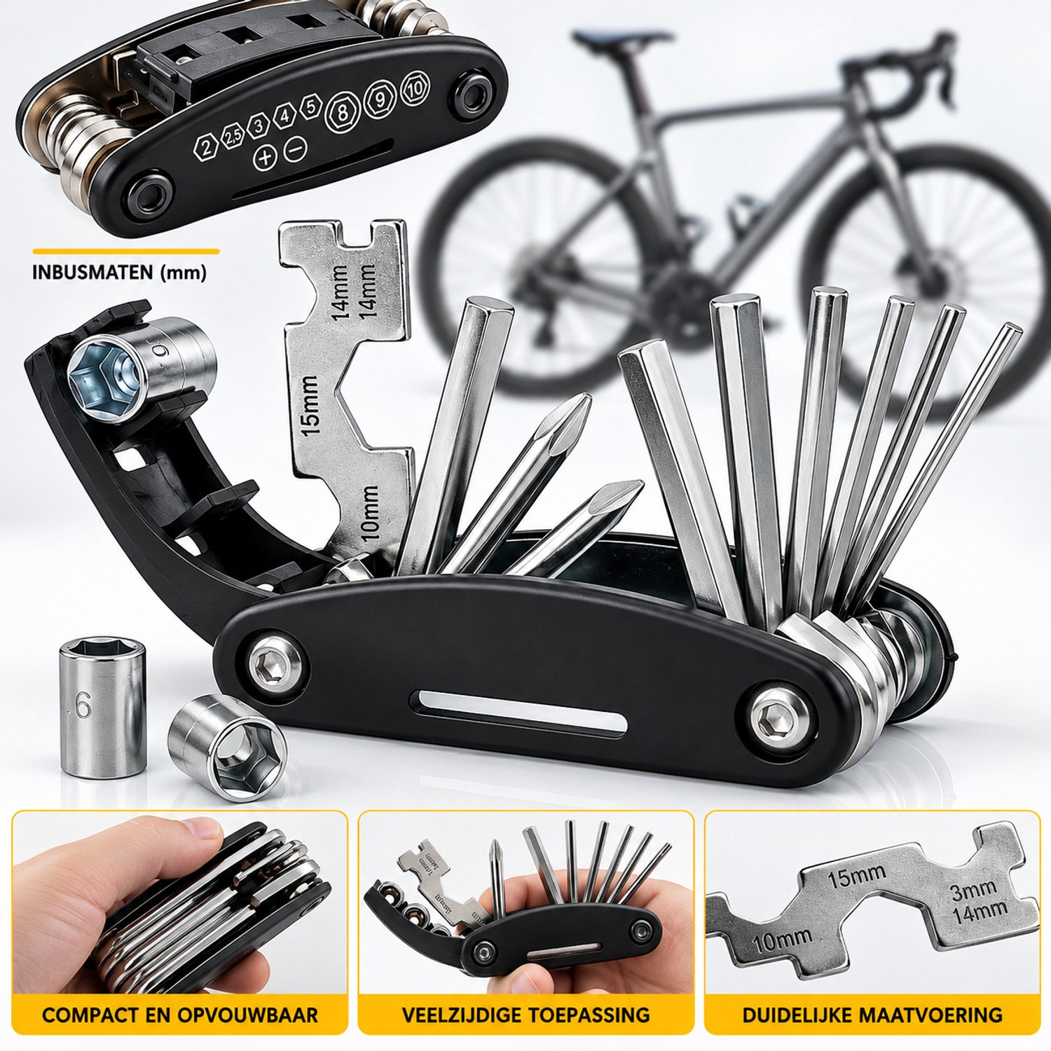 DPLUNIQ Multitool - Fiets - Gereedschap - Noodpakket - 16 in 1 Set - Opvouwbaar - 9x4,5cm - Compact en Licht - Staal - Zwart