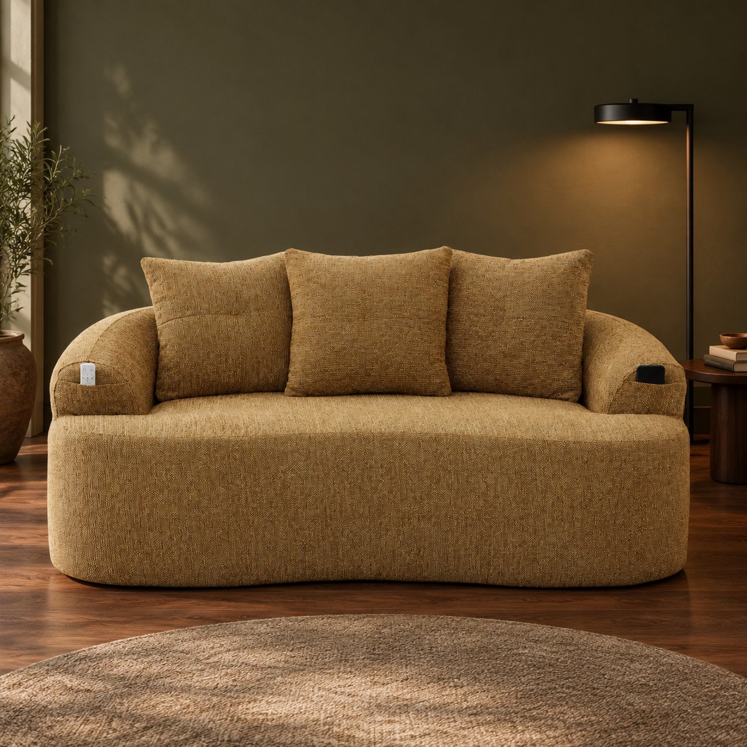 WUVRIE 2-zitsbank 164x92x60 cm - Chenille met 3 sierkussens - Mosterdgeel