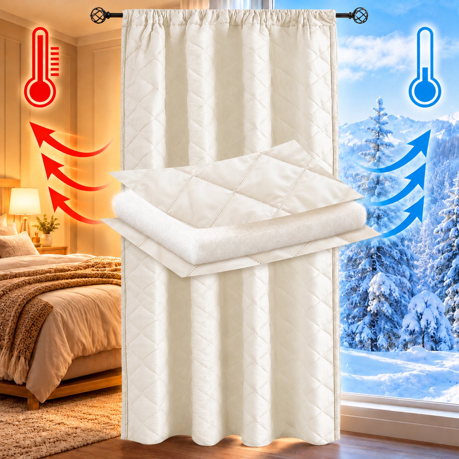 Qelus Thermisch Gewatteerd Gordijn - Beige - 140 x 260 cm - 280 g/m² Polyester - 6-in-1 Ophangsysteem voor Gordijnroede, Haken en Ringen - Lichtdempende Gordijnvoering voor Woonkamer en Slaapkamer