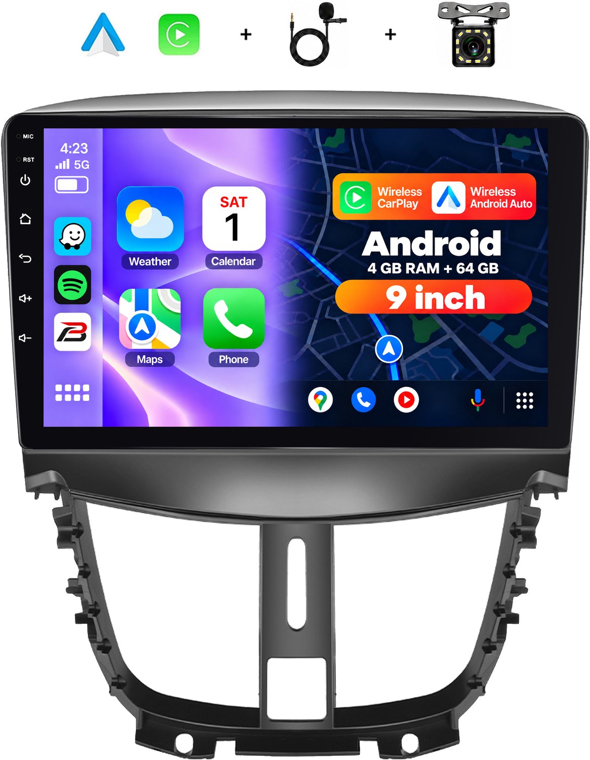Boscer 2 Din Android 15 Autoradio - Geschikt voor Peugeot 207 (2009-2013) - Draadloos Apple Carplay & Android Auto - 4+64GB - 9 Inch HD IPS Touchscreen - GPS Navigatie - WIFI, Bluetooth & USB - Achteruitrijcamera & Microfoon