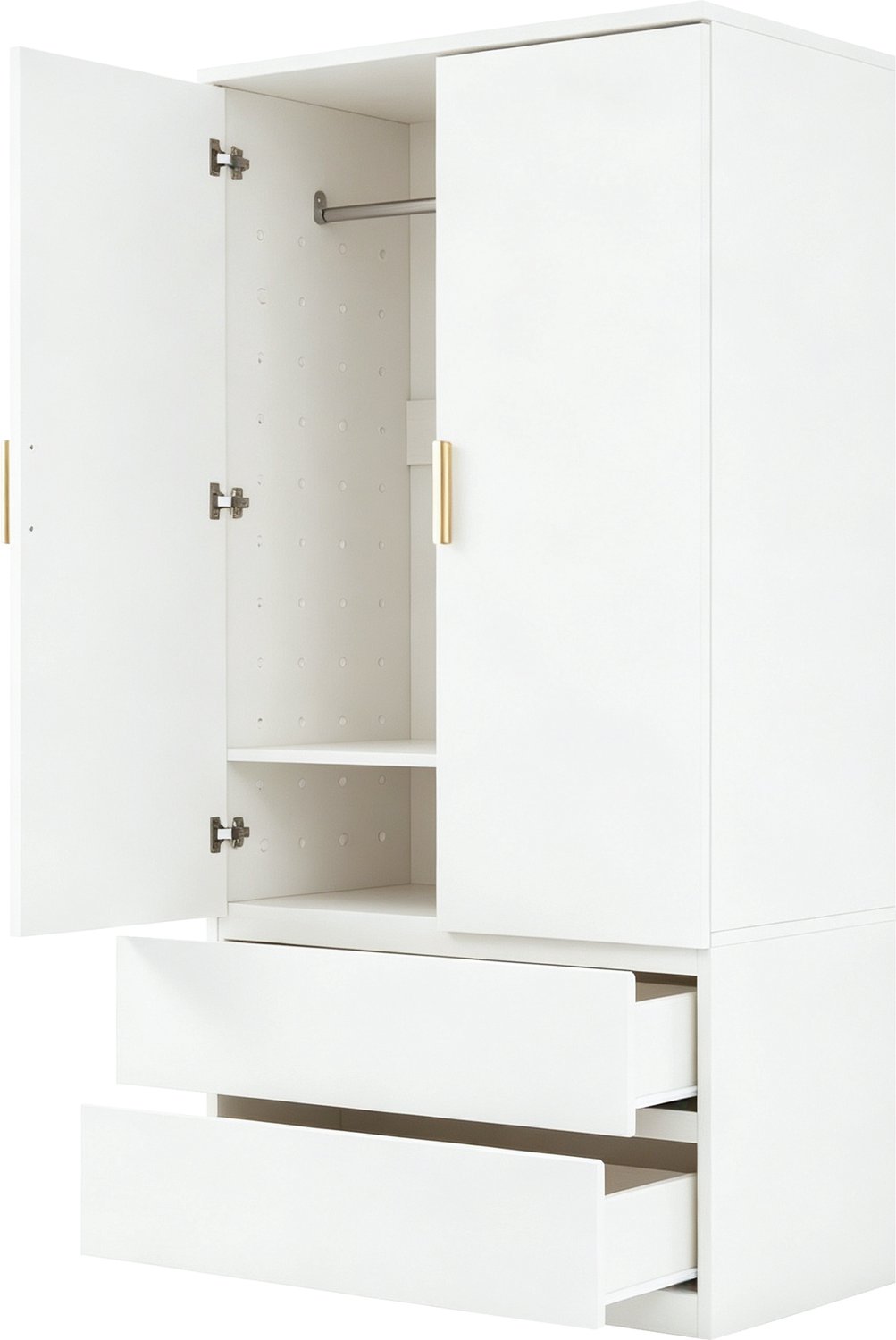 Kledingkast Met Draaideuren - 70 x 50 x 170 cm - Met Hanggedeelte En Twee Lades - Verborgen Opbergvakken En Geperforeerde Zijkant - Wit