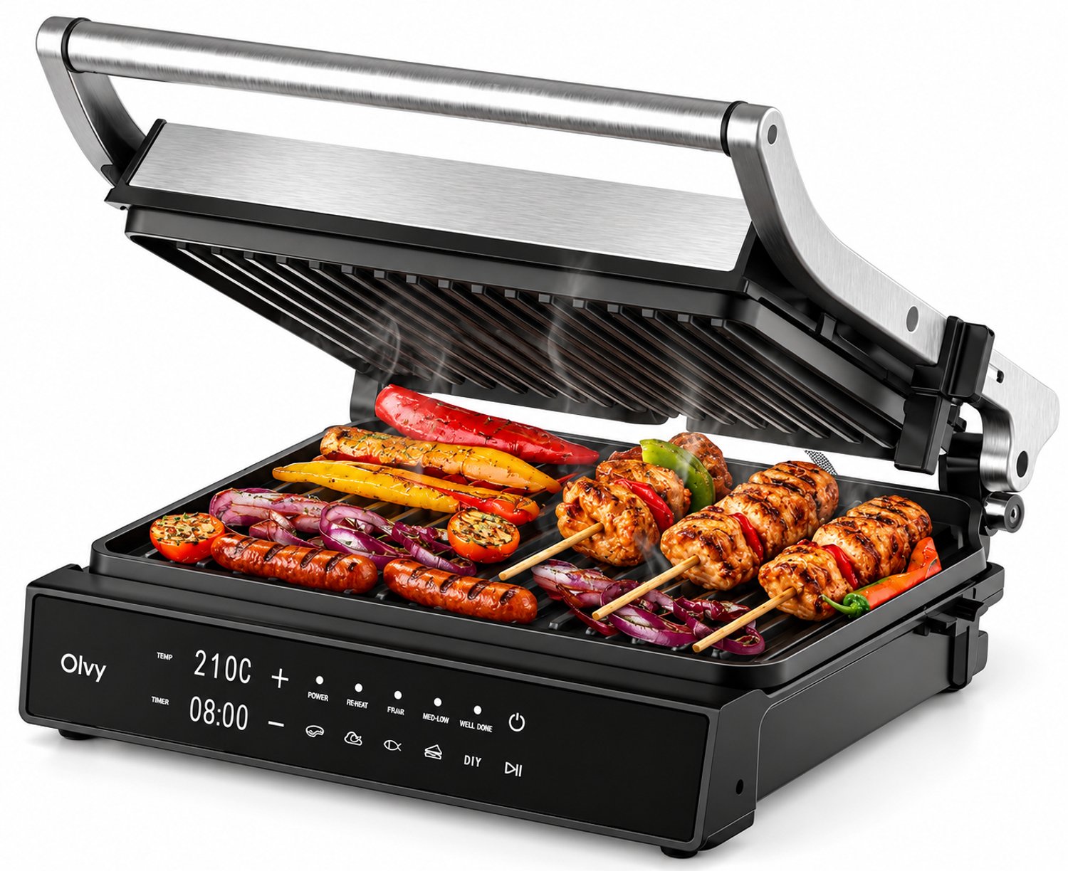 Olvy Contactgrill XL - Uitneembare PFAS-vrije platen - 180º Uitklapbaar - Vaatwasserbestendig - Met Temperatuurregeling - Panini - Croque Monsieur Toestel - Grill Apparaat - Tosti Ijzer - Apparaten