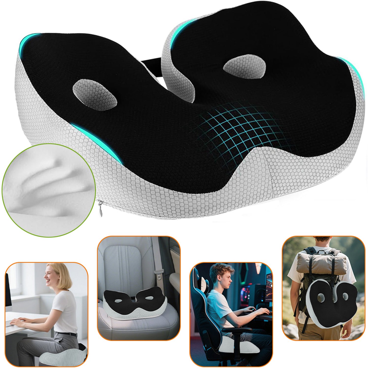 Zitkussen Van Traagschuim - Antislip-Stoelkussen - Stuitkussen - Kussen Voor Verlichting Van Stuitje-Pijn - Autostoelkussen