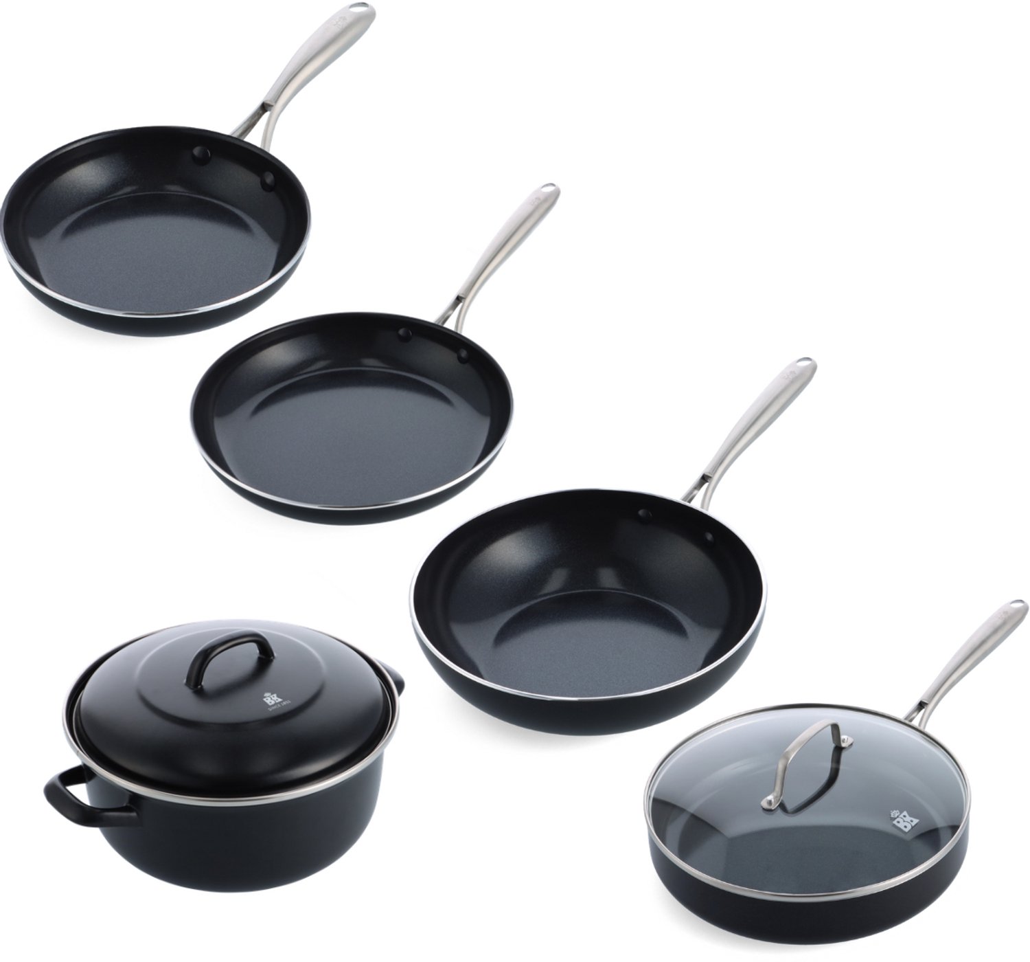 BK Magma pannenset 5-delig – koekenpannen 20 & 28 cm, hapjespan 28 cm met deksel, wokpan 28 cm en braadpan 26 cm – zwart