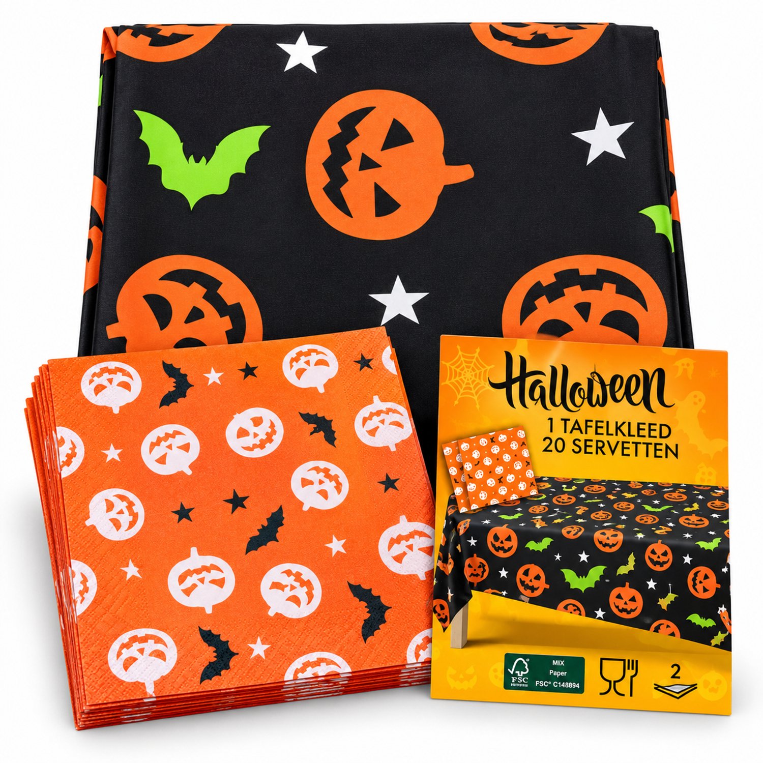 Halloween Tafelkleed met 20 Servetten – 135 x 220 cm – Halloween Tafeldecoratie – Pompoen & Vleermuis – Oranje/Zwart