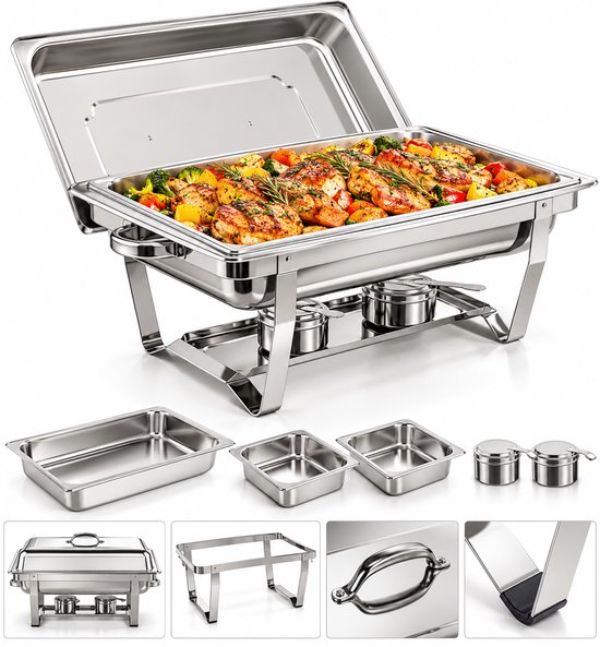 Chafing schotel Set, roestvrij staal voedselwarmer Buffet Kit, omvat 1 volledige en 2 halve pannen met deksels, opvouwbaar frame voor catering, partijen, vakantiebijeenkomsten