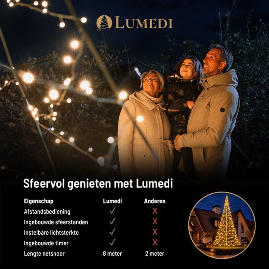 Gezin kijkt naar verlichte boom. Tabel toont voordelen van Lumedi vlaggenmastverlichting met afstandsbediening.