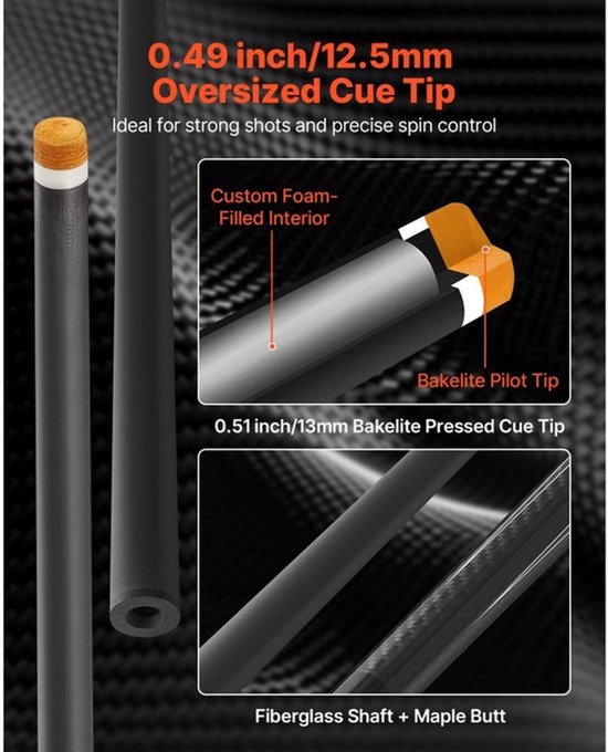 Biljartkeu Carbon Fiber - 58 Inch Lengte - 538 Gram Gewicht - Zwart - Poolkeu - Beginnerskeu — afbeelding 4