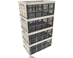 Vouwkrat 4 Stuks – 32 Liter – Boodschappenkrat Opvouwbaar – Opvouwbare Krat – Inklapbare Opbergkrat – Kunststof Stapelbare Kratten voor Auto en Opslag – Beige/Zwart