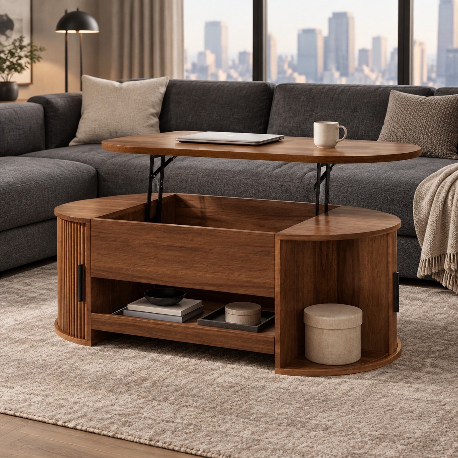 COVREO Salontafel met hefblad en verborgen opbergruimte – 110x55x55 cm – Zeteltafel met schuifdeuren – Tafel voor woonkamer – Walnoot