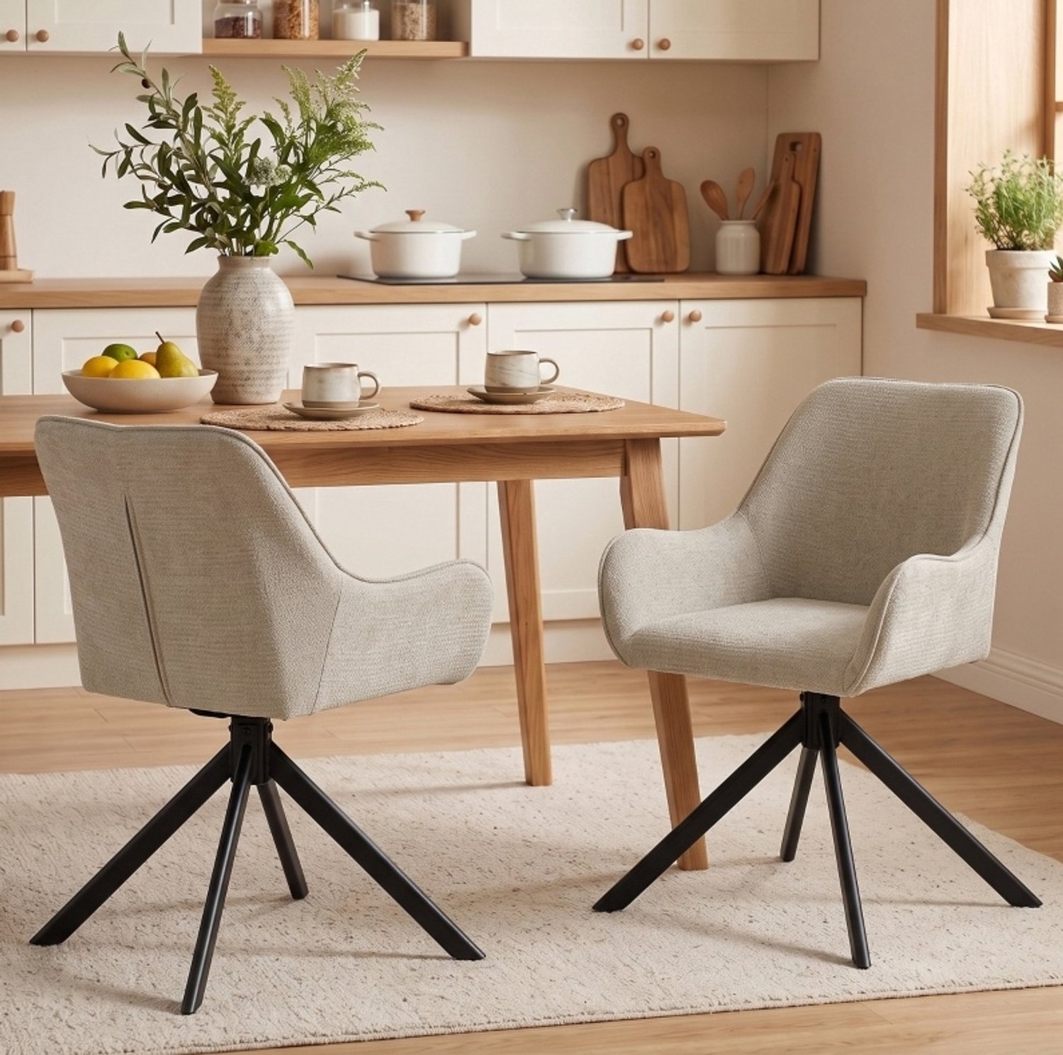 OKWISH Eetkamerstoel - 360° Draaibaar - Armleuningen - Stof - Beige