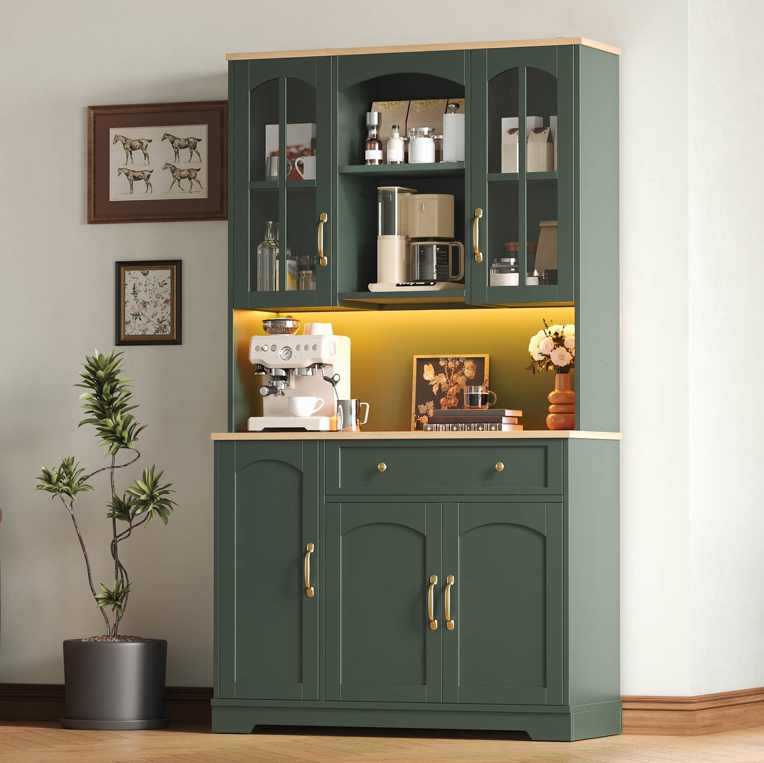 STILVORA Keukenkast - Hoge Opbergkast Met RGB Ledverlichting En Glazen Deuren - Voor Keuken En Eetkamer - MDF - 100x38x176 Cm - Groen