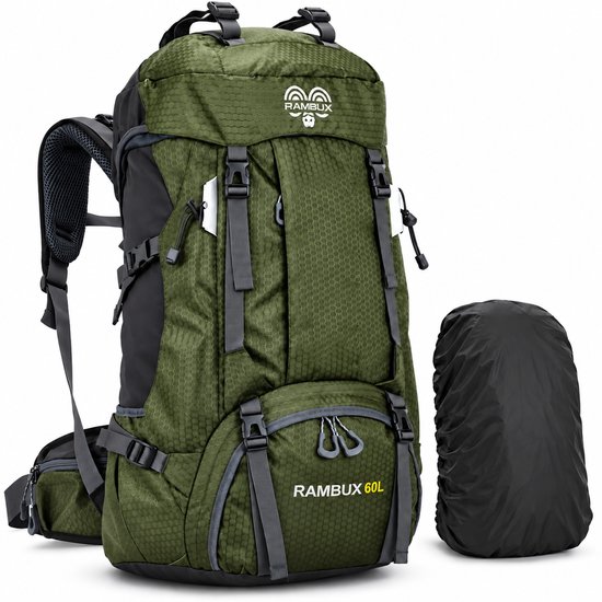 Legergroene Rambux 60L wandelrugzak met honingraatstructuur, zwarte details en een losse zwarte regenhoes.