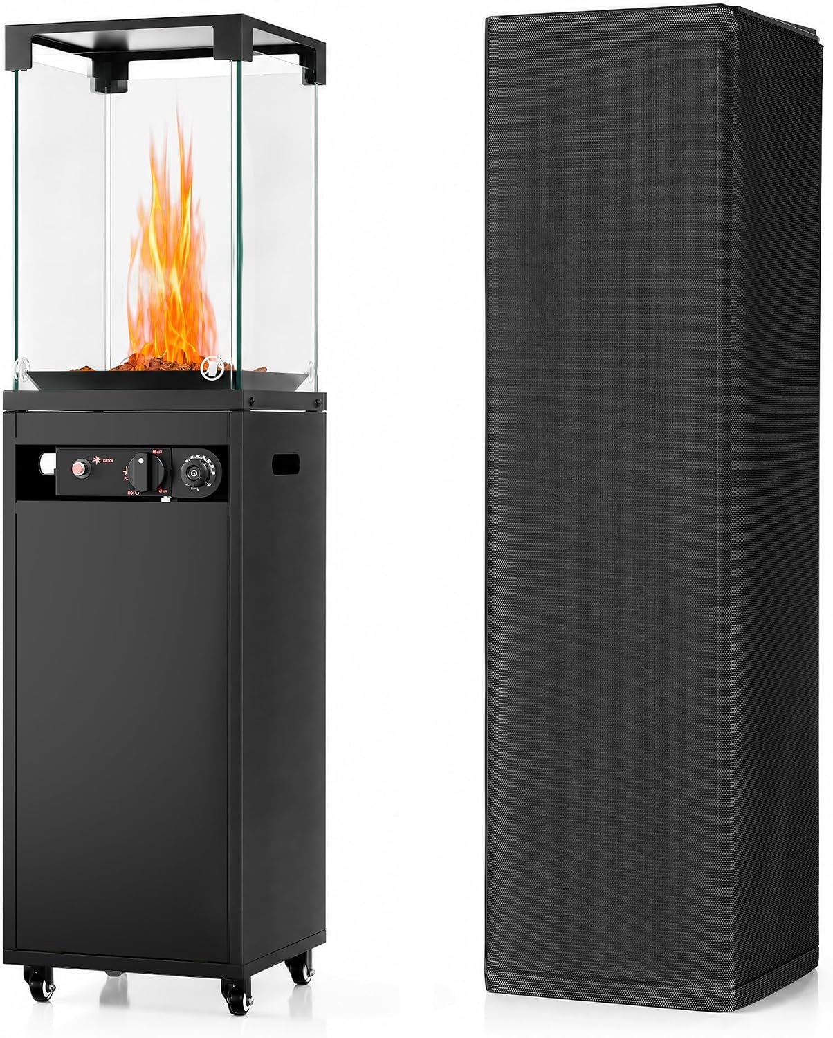 DEVOKO Terrasverwarmer op Gas 8 kW (27000 BTU) met Timer en Omvalbeveiliging incl, Traploos Regelbaar, Beschermhoes en Lavastenen voor Gasfles tot 13 kg op Wielen - Zwart
