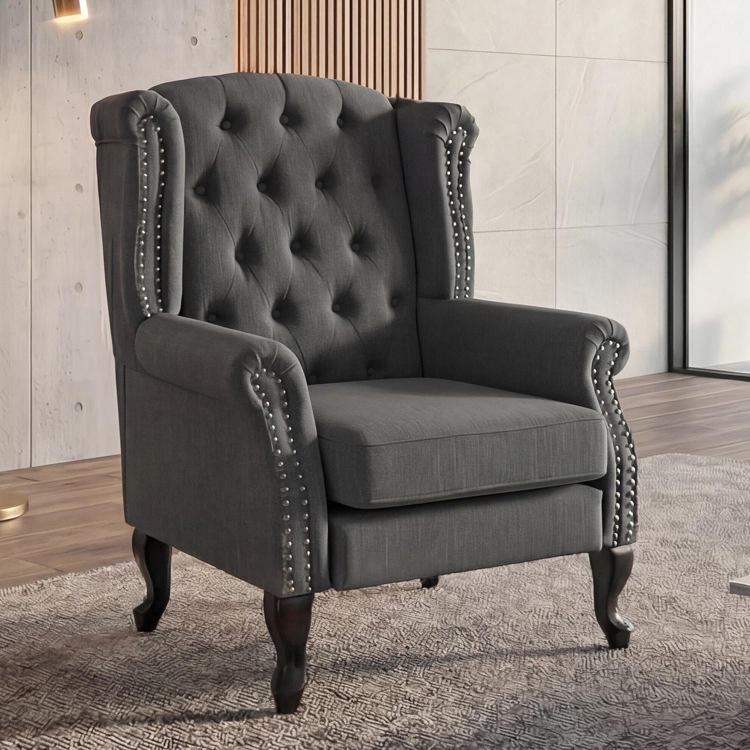 Chesterfield Fauteuil Luxe Oorfauteuil Stof Donkergrijs - Barok Leesstoel zonder Hocker - 102x75x80 cm