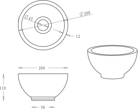 Technische tekening van een kom met een diameter van 200 mm, een hoogte van 110 mm en een wanddikte van 12 mm.