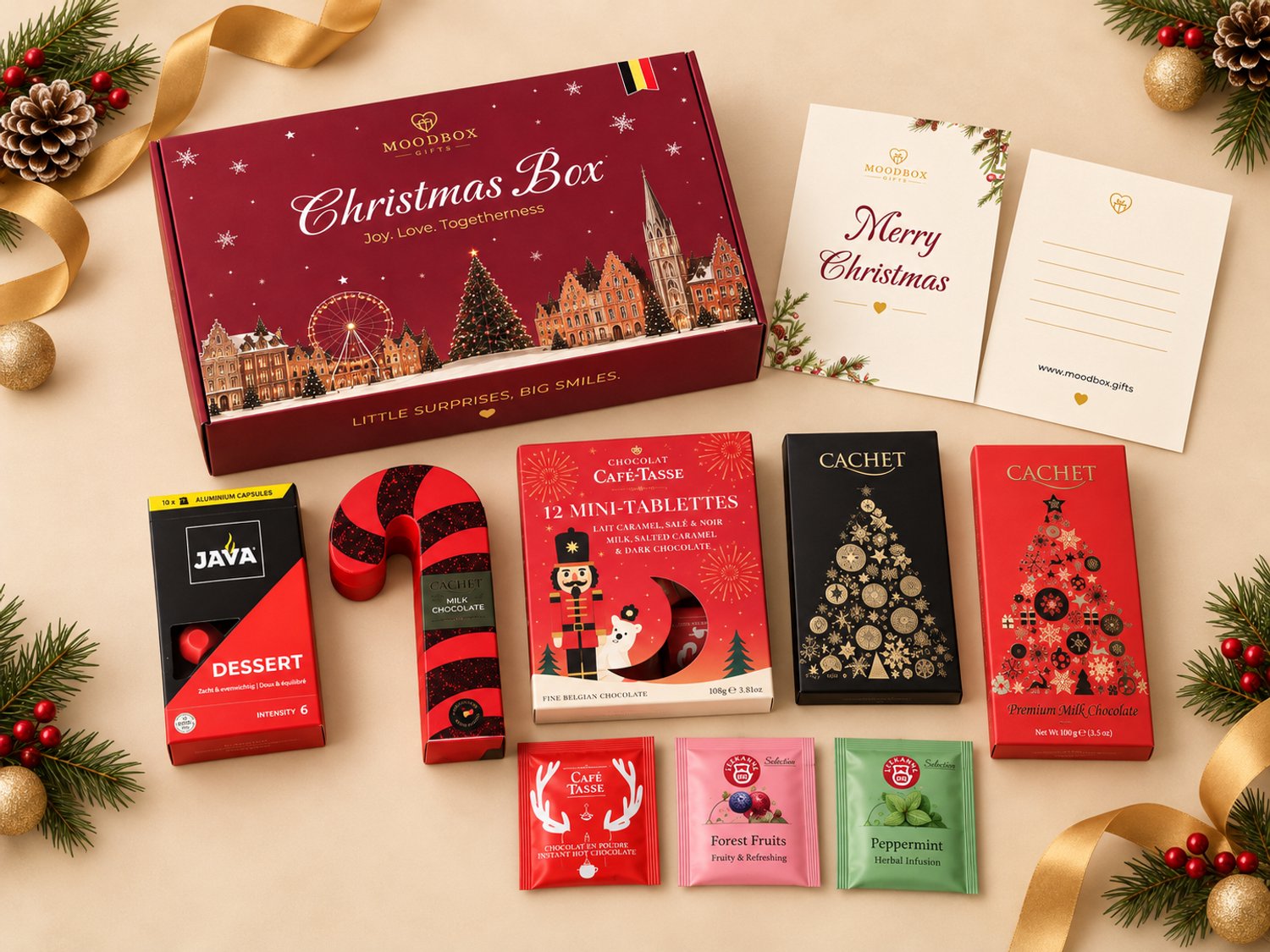 Luxe kerstcadeaubox – Belgische chocolade, koffie, thee & lekkernijen – Gepersonaliseerde wenskaart – Moodbox Gifts – Christmas Box Select