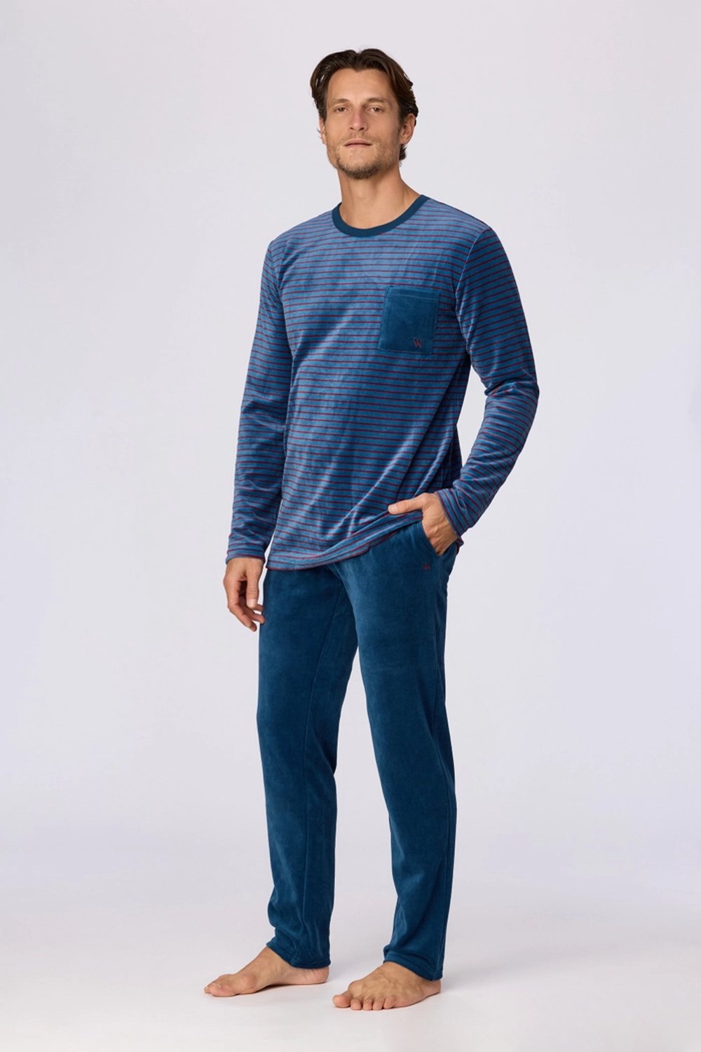 Woody pyjama jongens/heren velours - donkerblauw/bordeaux gestreept - 262-10-MRL-V/921 - maat XXL