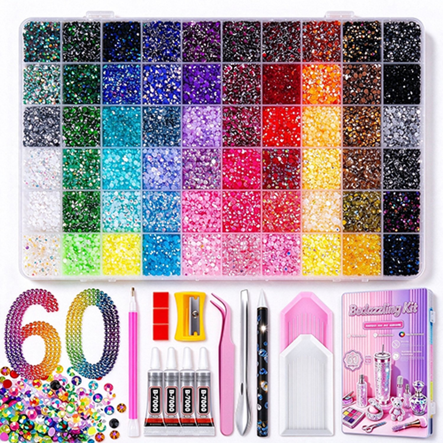 Lifhelpe Strass steentjes set - 60 kleuren en 36.000 decoratiestenen - Inclusief accessoires - Met 4 flessen lijm van 10ml