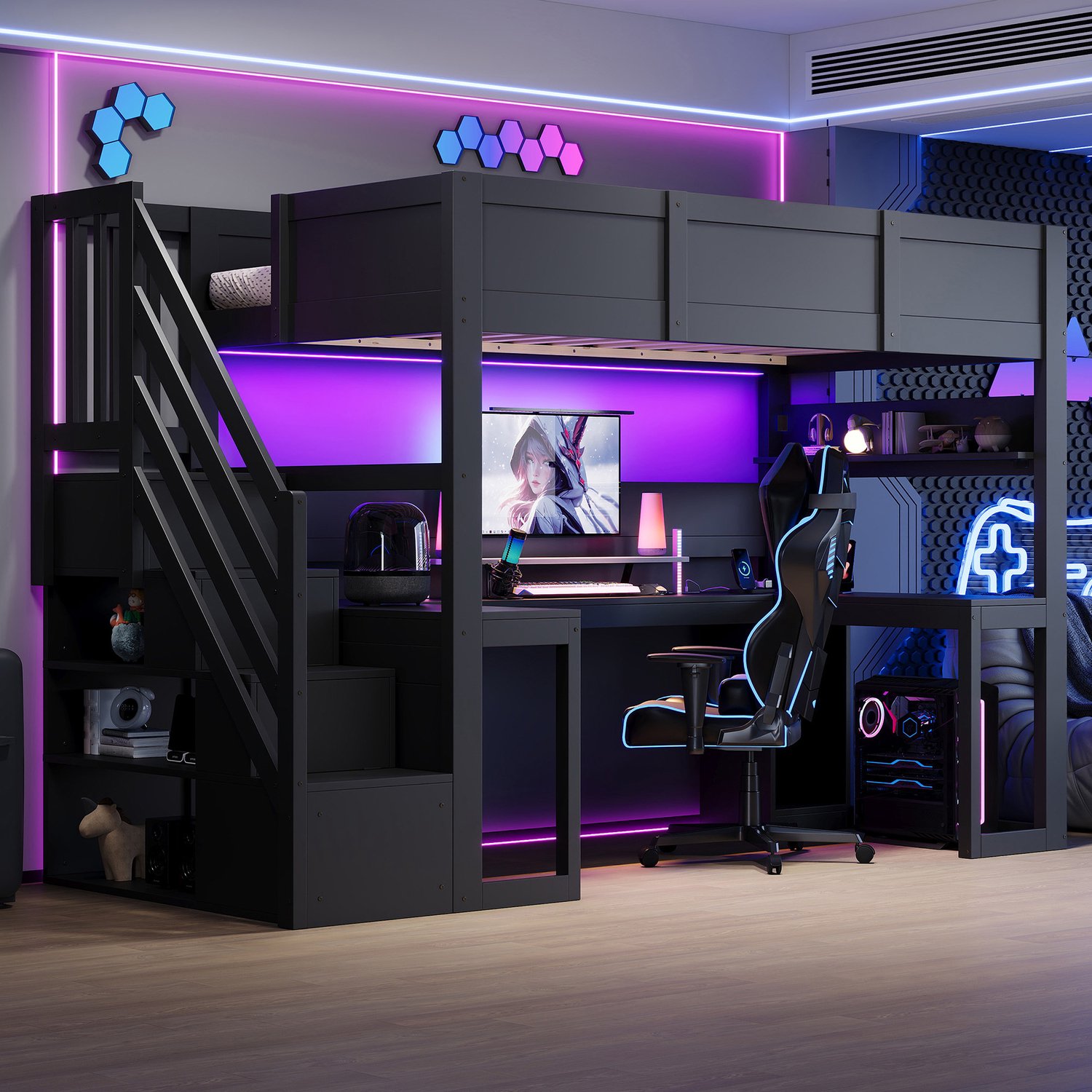Zubaliya Gaming-hoogslaper (90 x 200 cm) met bureau, Kinderbed, Eenpersoonsbed, trap met opbergruimte, LED-verlichting en USB-aansluiting, Zwart