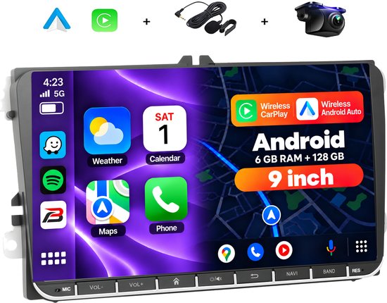 9-inch Android autoradio met touchscreen, Apple CarPlay, Android Auto, camera en microfoon inbegrepen.