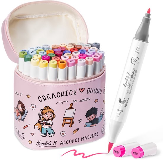 Roze etui met illustraties, gevuld met 48 Ohuhu Honolulu B alcoholmarkers en een losse marker in kleur Hot Pink.
