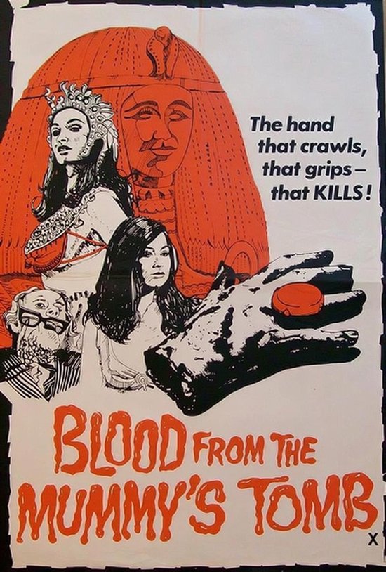 Vintage filmposter Blood from the Mummy's Tomb met een geanimeerde hand, mummie en tekst.
