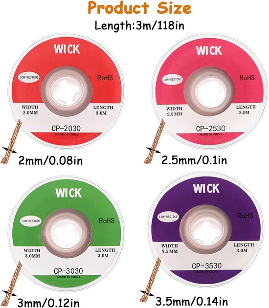 Desoldering Litze Set van 4 Stuks - Koper Soldering Litze voor Verwijderen van Lood, 2.0 mm en 3 mm, Ideaal voor Elektronische Componenten en Reparaties — afbeelding 5