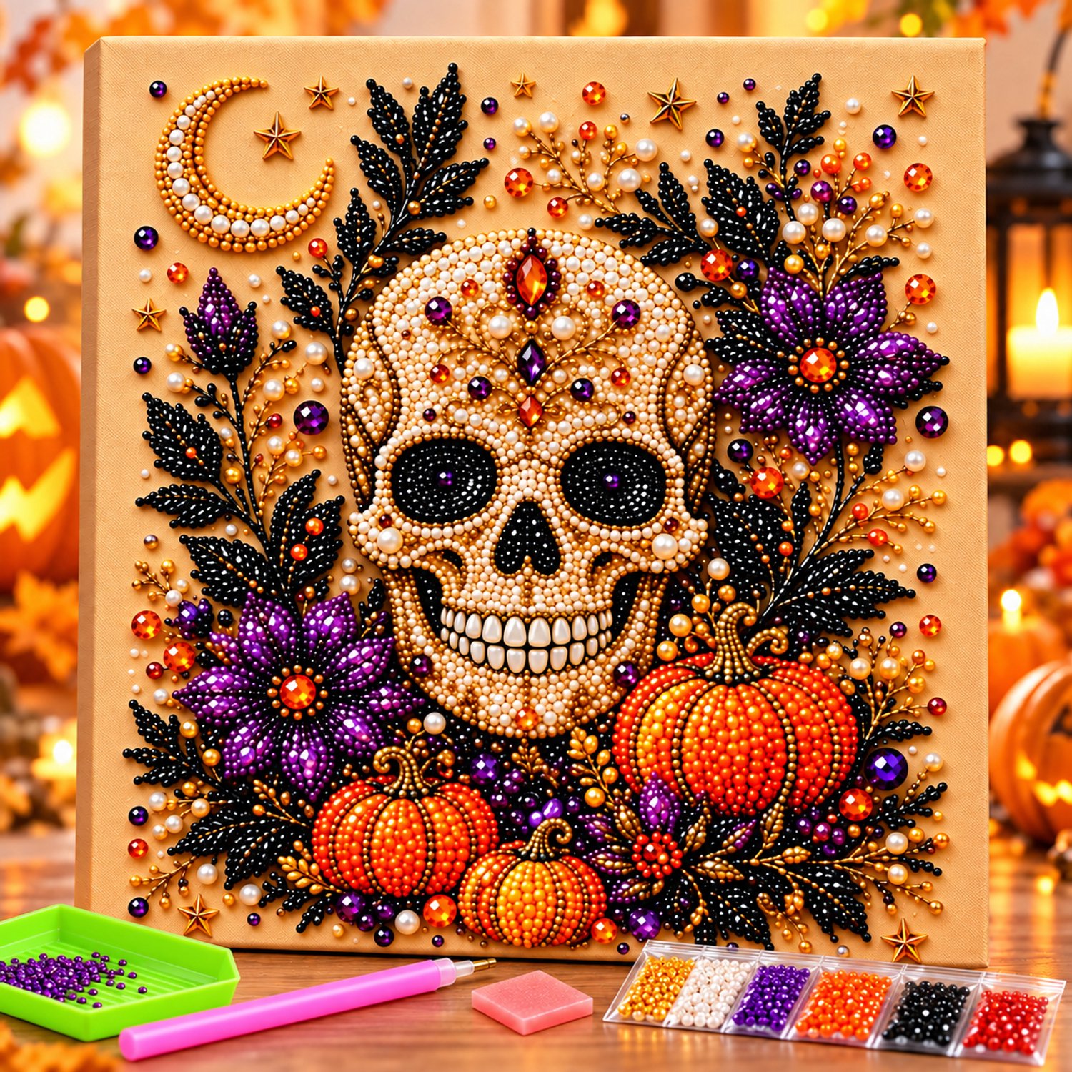 PulseOne- Halloween diamond painting - diamond painting volwassenen - parel diamond painting met lijst - DIY hobby knutsel - Halloween decorations - decoratie - huis decoratie - wanddecoratie - spook - pompoen - herfstdecoratie - cadeau - creatief