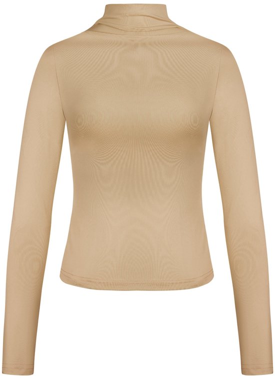 Beige coltrui met lange mouwen in een gladde, aansluitende stof.