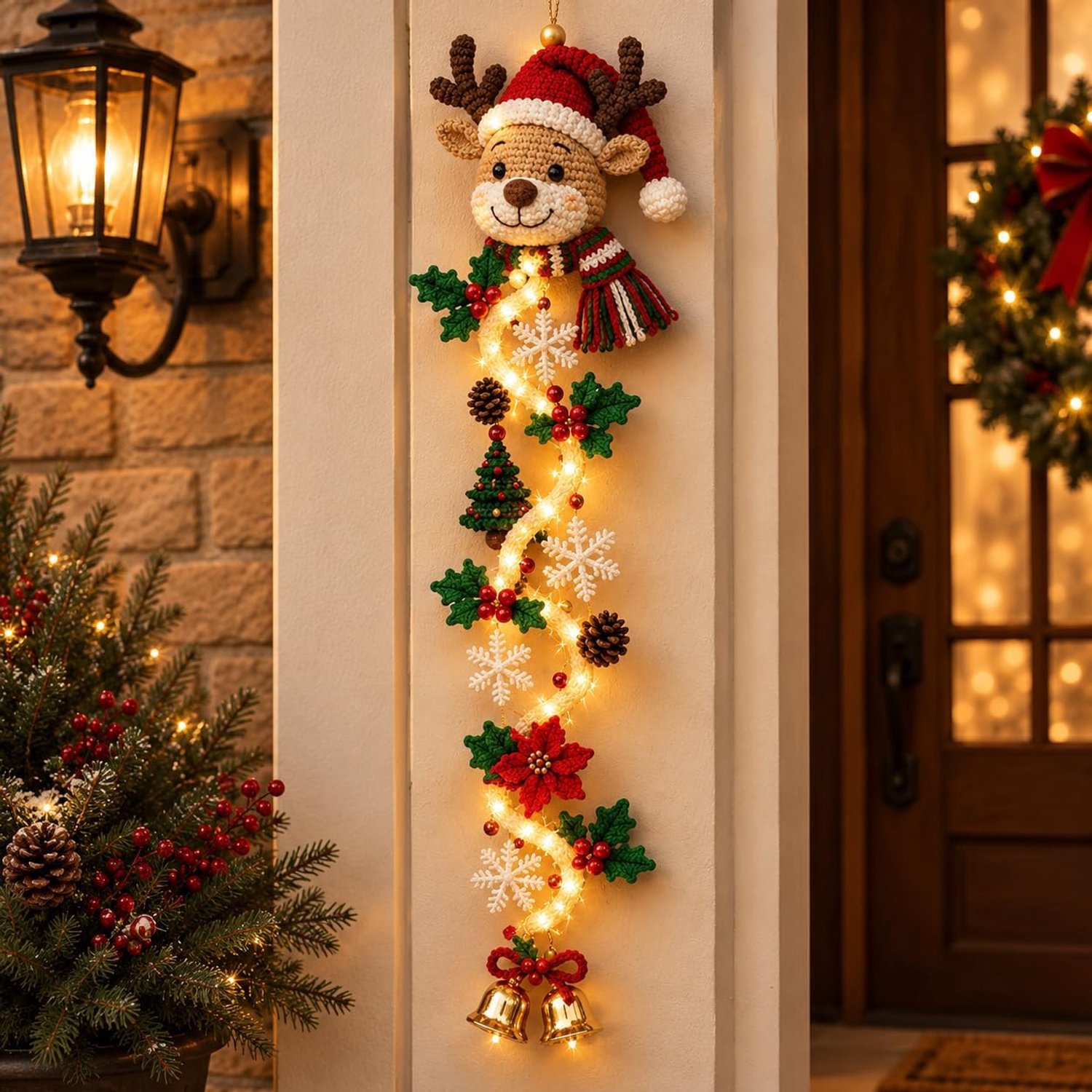 Kerstversiering - Glowing Christmas Deurhanger - Gevoerde Stoffen Deurhanger met Warme Verlichting - 100 cm - 1 stuk - Hert