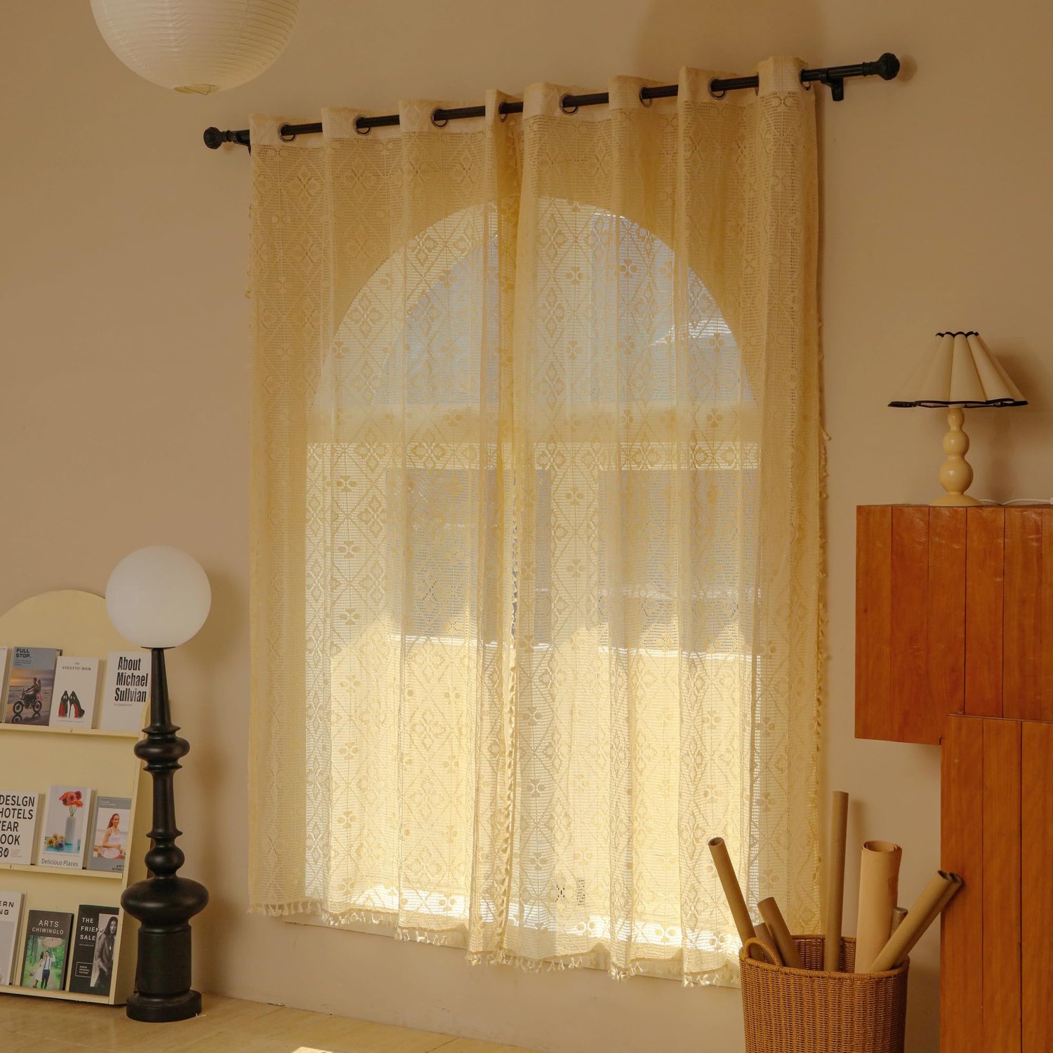 Gordijnen - Set van 2 - Met borduursel en kwastjes - Voor woonkamer en slaapkamer - 150 x 230 cm - Beige