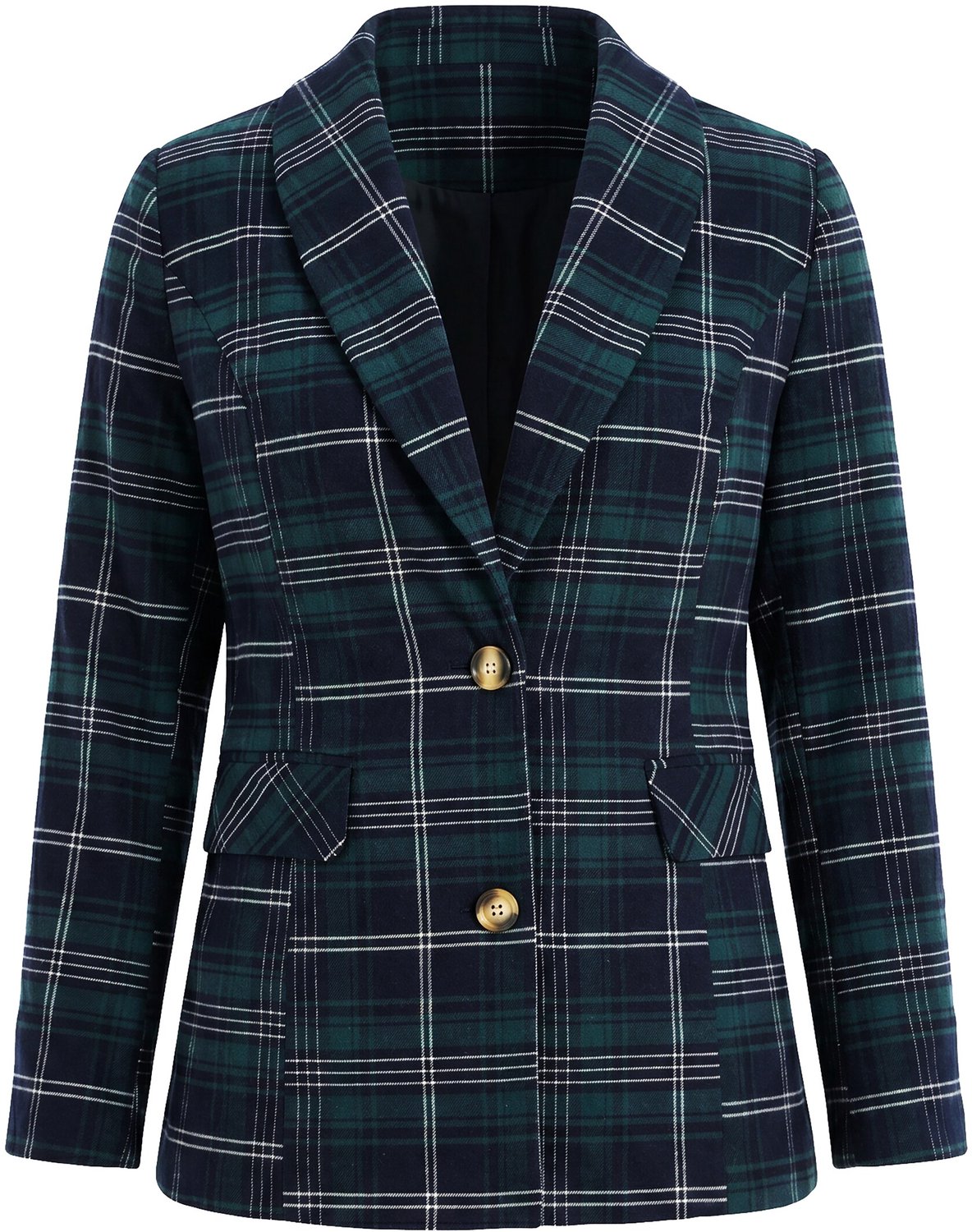 Ulla Popken - Dames - Lange blazer ruiten reverskraag lange mouwen - Zwart - Maat 46
