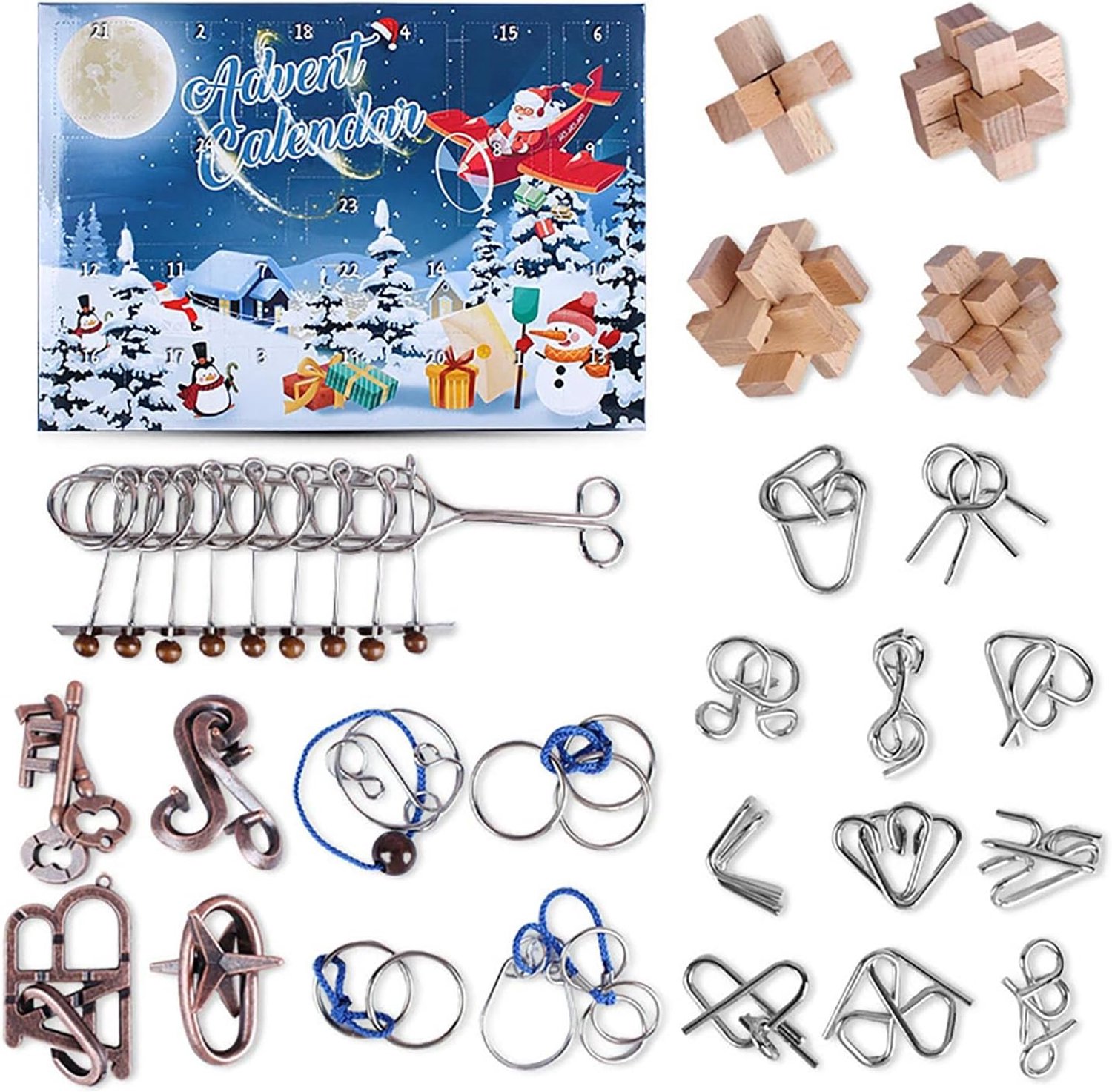 Adventskalender 2026 voor kinderen - 24 dagen Kerstkalender Cadeaus Puzzelspellen - met Metalen en Houten Brain Teaser Puzzels - Kerstcadeau voor Jongens Meisjes Tieners & Volwassenen